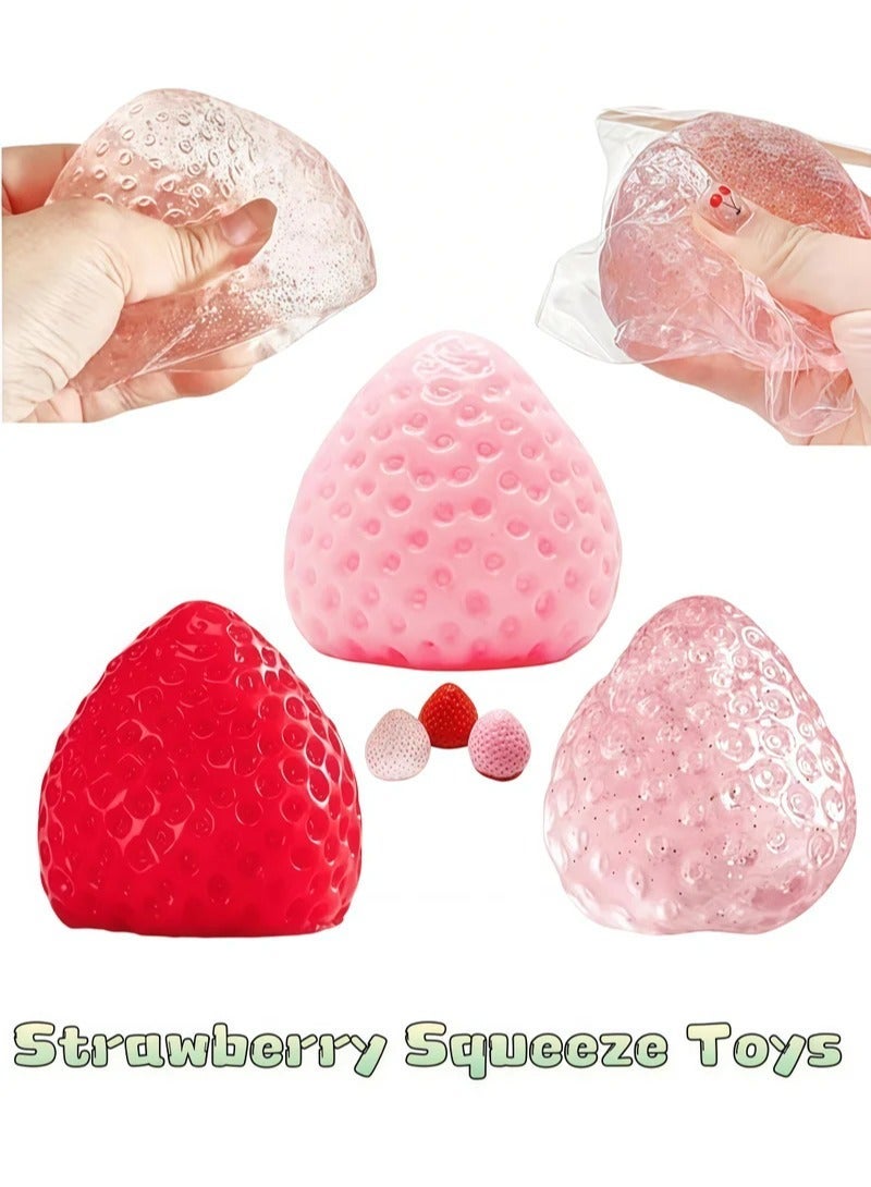 3 Pcs Strawberry Squishy Squeeze Toys for Stress Relief, Soft, Slow Rising Hand Toy, Soft and Squeezable Sensory Fidget Toys - Image 1